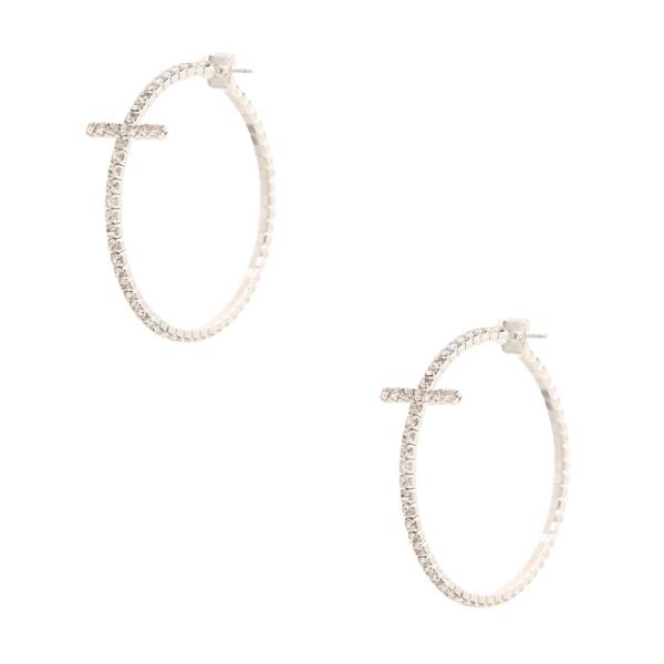 CROSS PAVED RHINESTONE HOOP EARRING