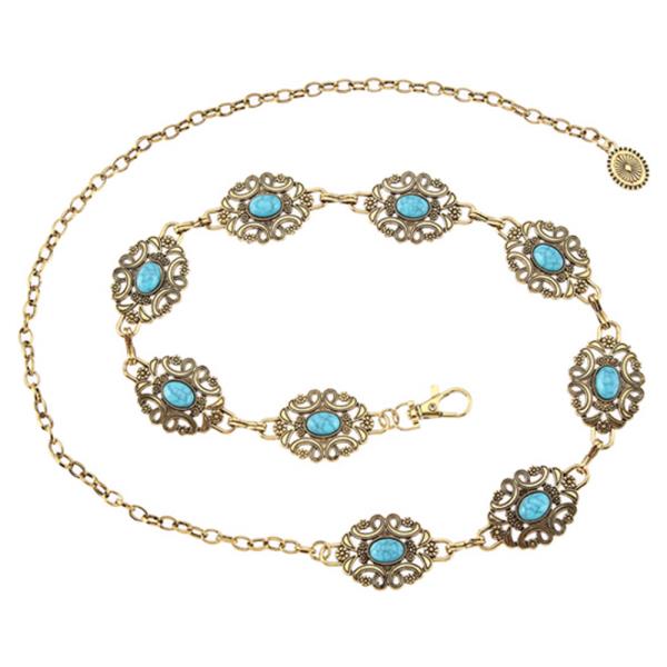 WESTERN METAL TURQUOISE STONE ORNATE OVAL LINKS CHAIN BELT