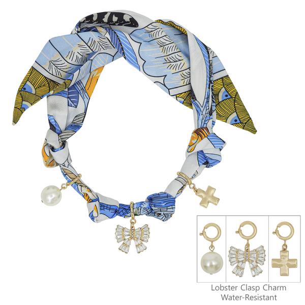 SCARF NECKLACE WITH CRYSTAL RIBBON MEDIUM CROSS PEARL CHARMS