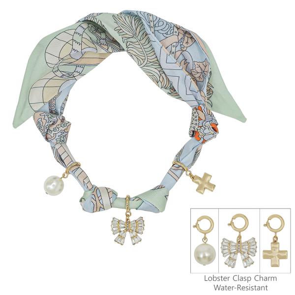 SCARF NECKLACE WITH CRYSTAL RIBBON MEDIUM CROSS PEARL CHARMS