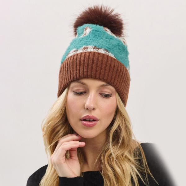 PLAID PATTERN FUR MIXED FLEECED POM POM BEANIE