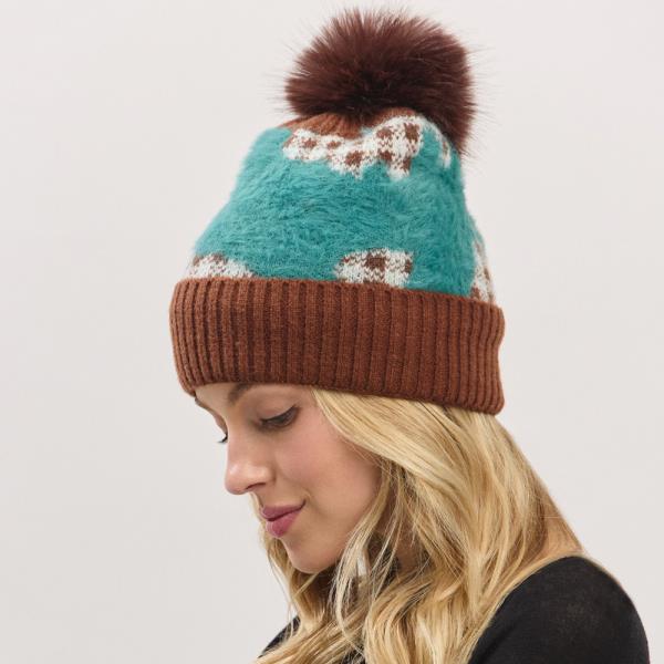 PLAID PATTERN FUR MIXED FLEECED POM POM BEANIE