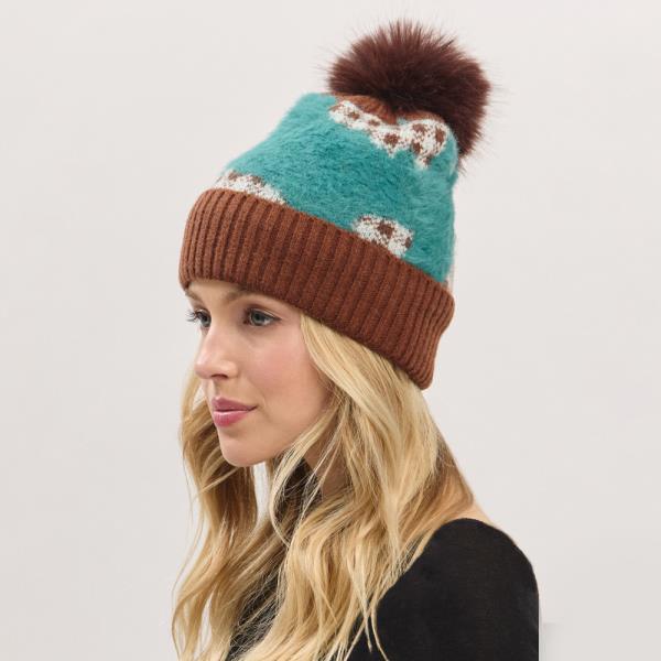PLAID PATTERN FUR MIXED FLEECED POM POM BEANIE