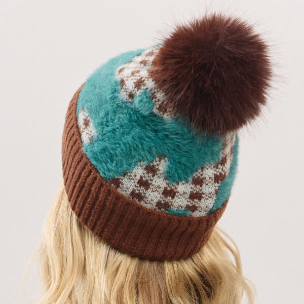 PLAID PATTERN FUR MIXED FLEECED POM POM BEANIE