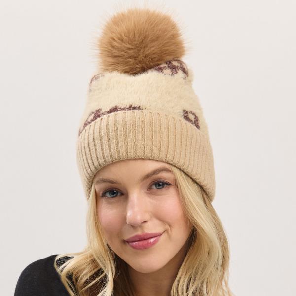 PLAID PATTERN FUR MIXED FLEECED POM POM BEANIE