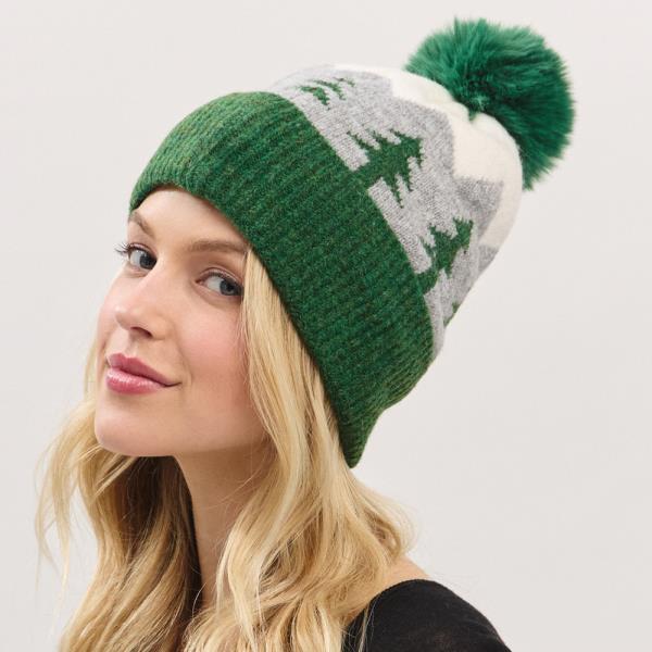 HOLIDAY PINE TREE PATTERN FLEECED POM POM BEANIE