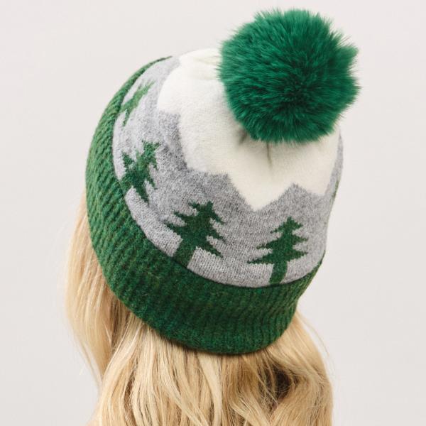 HOLIDAY PINE TREE PATTERN FLEECED POM POM BEANIE