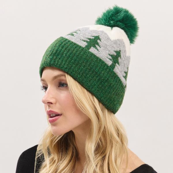 HOLIDAY PINE TREE PATTERN FLEECED POM POM BEANIE
