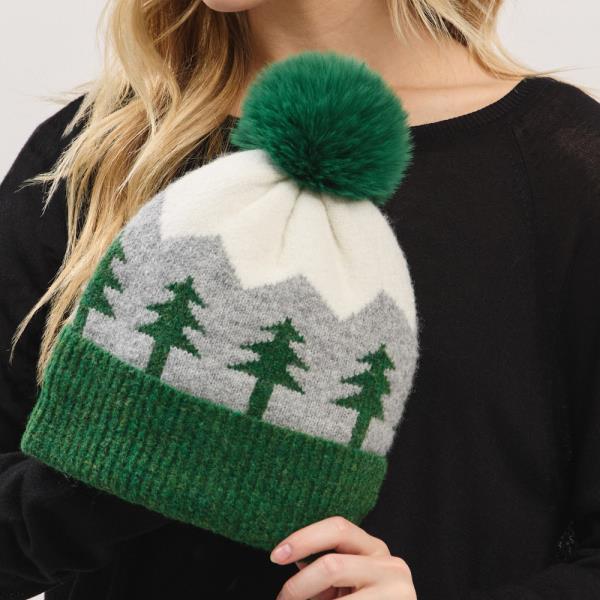 HOLIDAY PINE TREE PATTERN FLEECED POM POM BEANIE