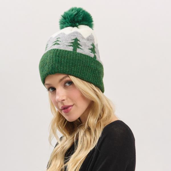 HOLIDAY PINE TREE PATTERN FLEECED POM POM BEANIE