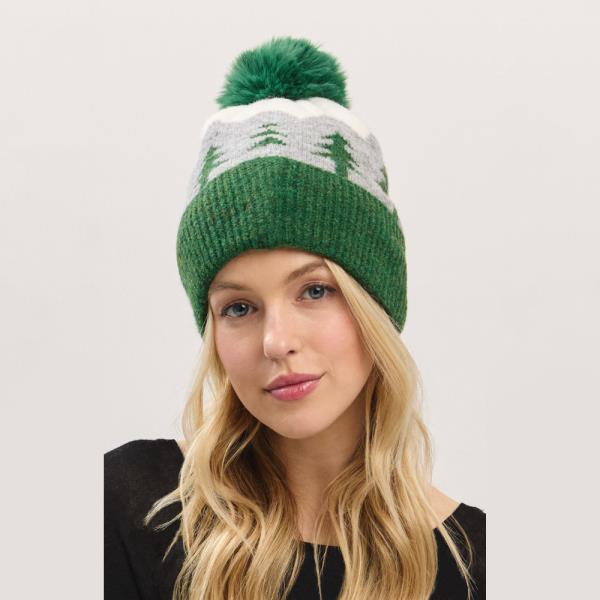HOLIDAY PINE TREE PATTERN FLEECED POM POM BEANIE