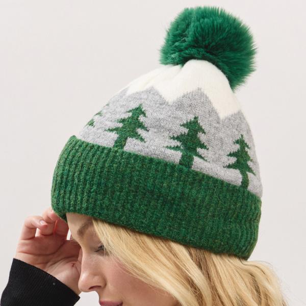 HOLIDAY PINE TREE PATTERN FLEECED POM POM BEANIE