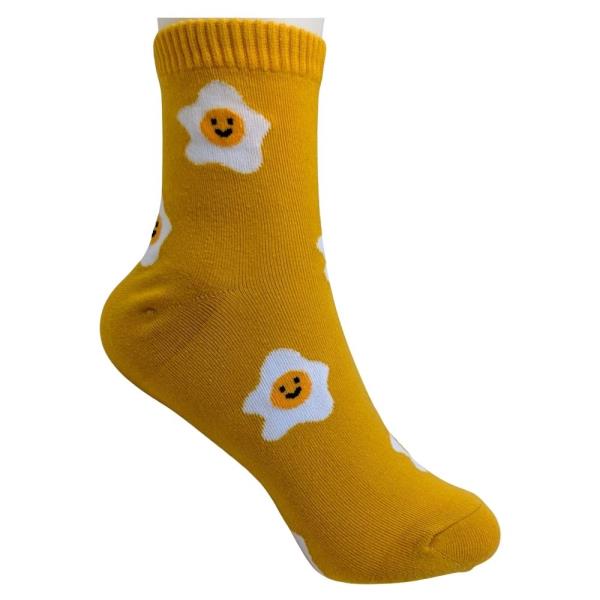 COTTON SMILING SUNNY SIDE UP EGG PATTERN CREW SOCKS