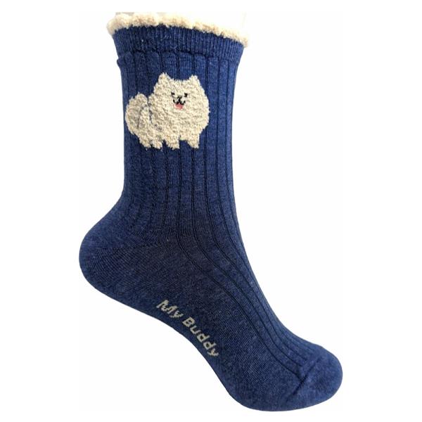 RIBBED COTTON FLUFFY DOG PATCH EMBROIDERY FLEECE LINED CREW SOCKS