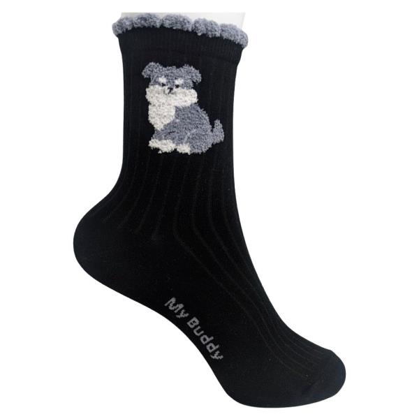 RIBBED COTTON FLUFFY DOG PATCH EMBROIDERY FLEECE LINED CREW SOCKS