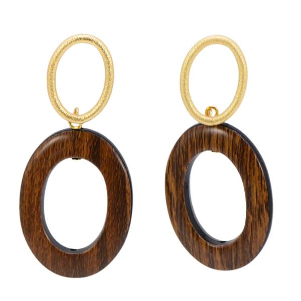 WOOD METAL OVAL LINK DANGLE EARRING