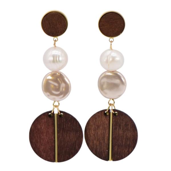 ROUND WOOD PEARL BEAD LINK DANGLE EARRING