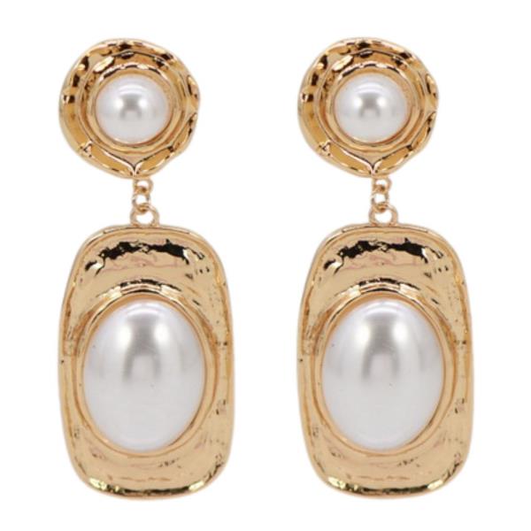 OVAL ROUND PEARL BEAD LINK METAL DANGLE EARRING