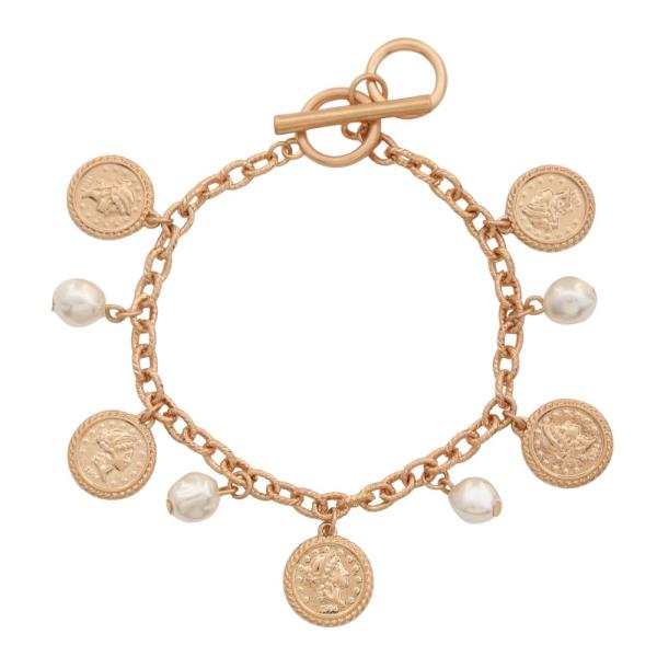 COIN PEARL BEAD CIRCLE LINK TOGGLE CLASP BRACELET