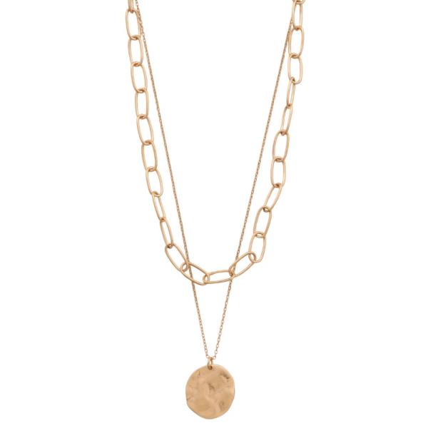 HAMMERED METAL COIN PENDANT OVAL LINK LAYERED NECKLACE