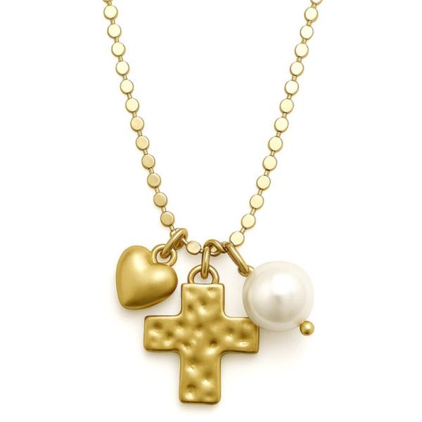 CROSS PEARL HEART CHARM METAL NECKLACE