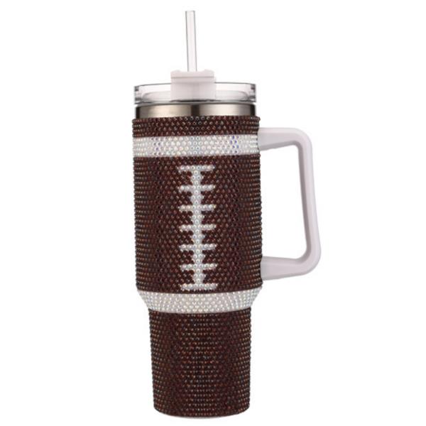 RHINESTONE FOOTBALL TUMBLER WITH HANDLE & STRAW