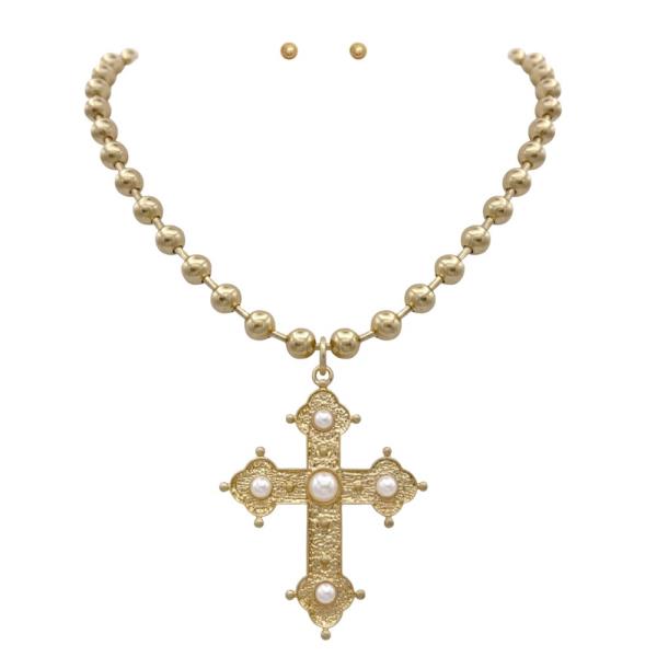 CROSS PEARL BEAD PENDANT BALL BEAD NECKLACE