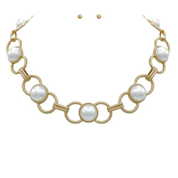 PEARL BEAD CIRCLE LINK METAL NECKLACE