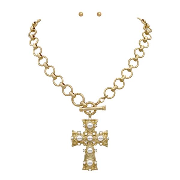 CROSS PEARL BEAD PENDANT CIRCLE LINK TOGGLE CLASP NECKLACE