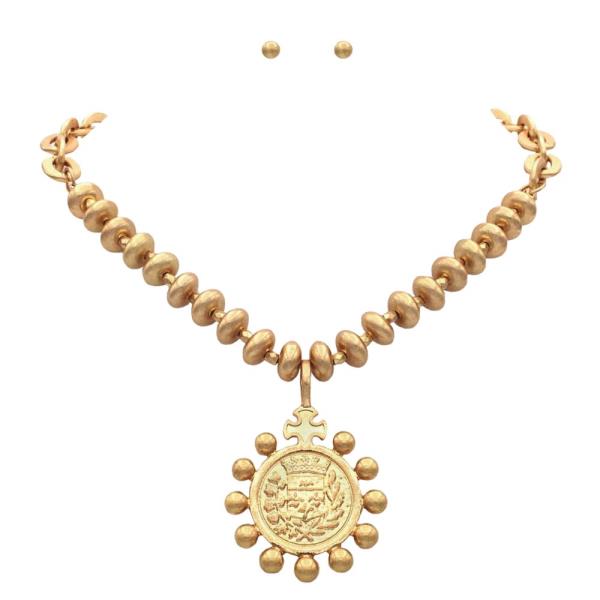 MEDALLION METAL BEAD NECKLACE