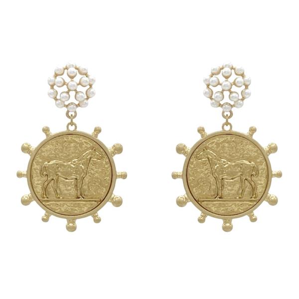 HORSE MEDALLION PEARL BEAD DANGLE EARRING