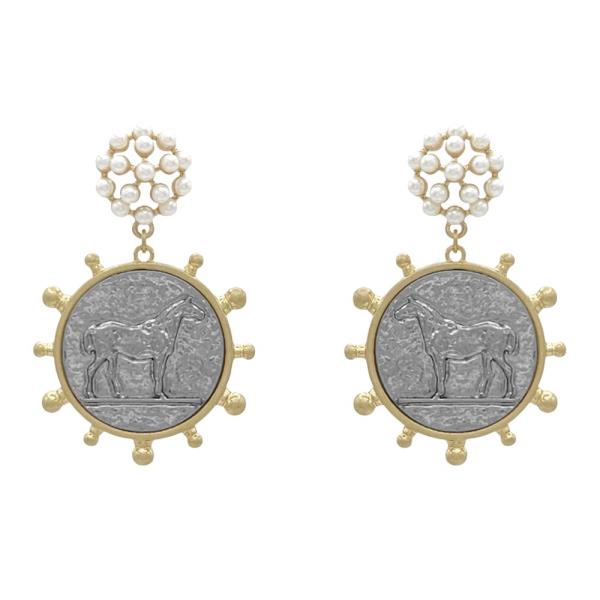 HORSE MEDALLION PEARL BEAD DANGLE EARRING