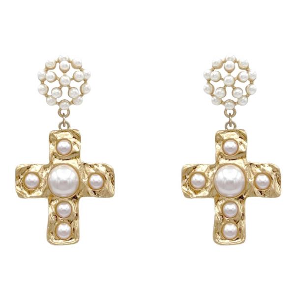 CROSS PEARL BEAD DANGLE EARRING
