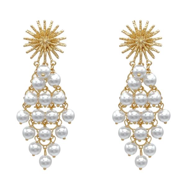 PEARL BEAD METAL FLOWER LINK DANGLE EARRING