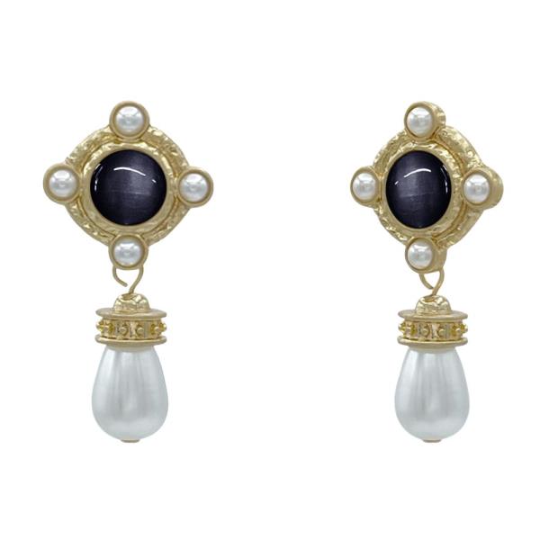 STONE BEAD METAL PEARL DANGLE EARRING