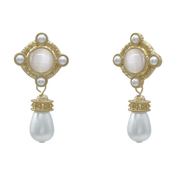 STONE BEAD METAL PEARL DANGLE EARRING