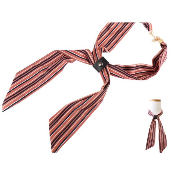 POLYESTER STRIPE PATTERN LEATHER LOOP LONG SCARF