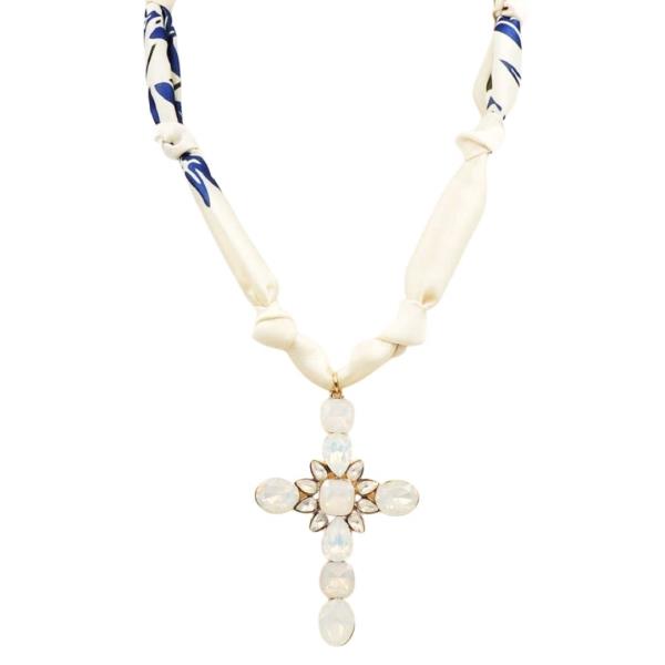 GLASS STONE CROSS PDT FABRIC NECKLACE