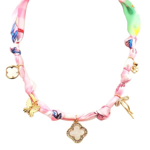 FABRIC CLOVER AND BOW CHARM NECKLAC