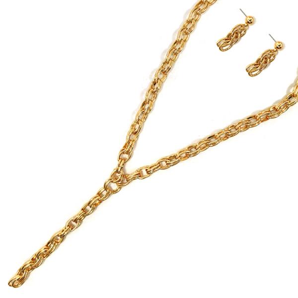 TEXTURED METAL LONG Y NECKLACE EARRING SET