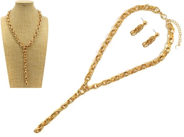 TEXTURED METAL LONG Y NECKLACE EARRING SET