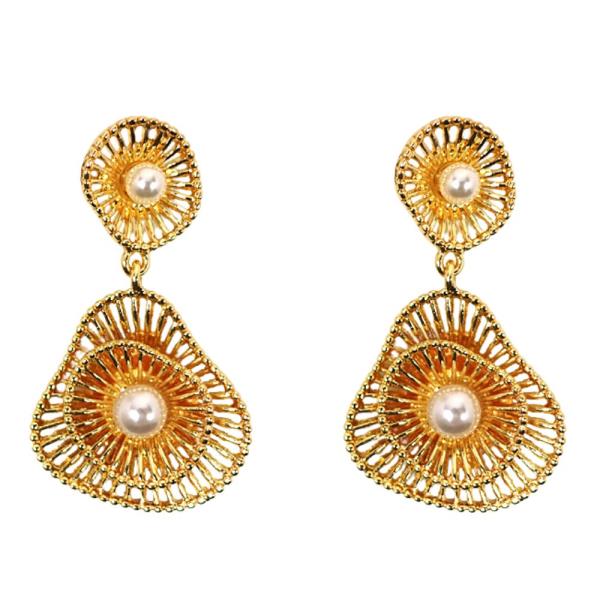 SHELL SHAPE PEARL BEAD METAL DANGLE EARRING