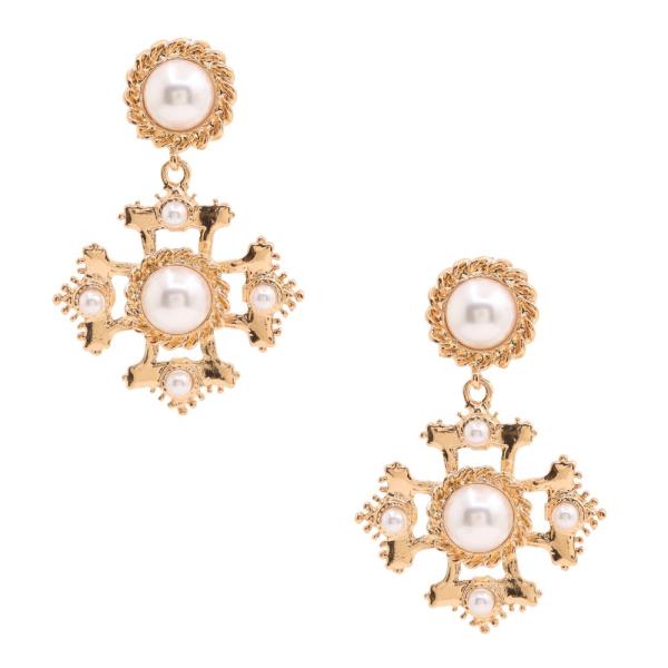 SDJ WIDE CROSS PEARL BEAD METAL DANGLE EARRING