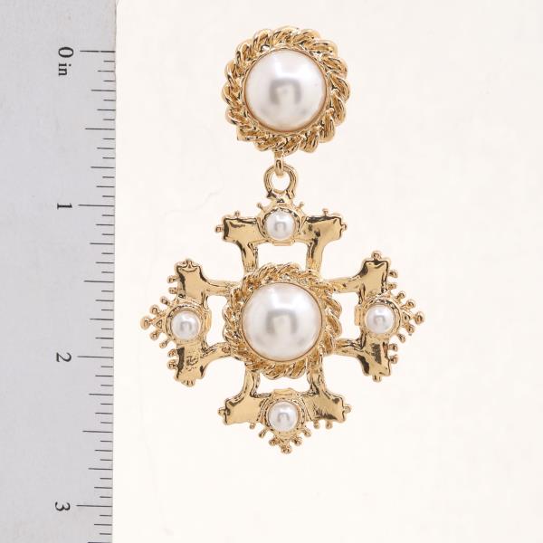 SDJ WIDE CROSS PEARL BEAD METAL DANGLE EARRING