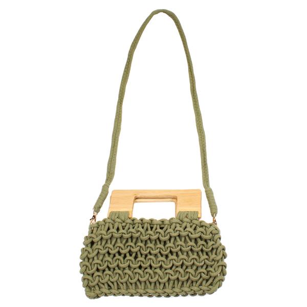 WOVEN CROCHET NET CROSS BODY WOODEN HANDLE BAG