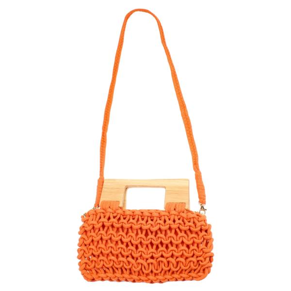 WOVEN CROCHET NET CROSS BODY WOODEN HANDLE BAG