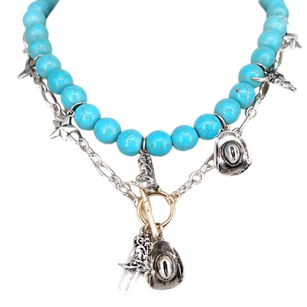 WESTERN STYLE CHARM TURQUOISE BEAD LAYERED NECKLACE