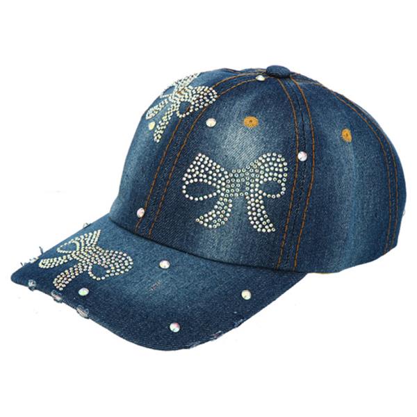 DENIM BASEBALL CAP WITH RHINESTONE BOW ACCENTS