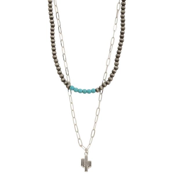 WESTERN STYLE CACTUS CHARM BEADED LAYERED NECKLACE