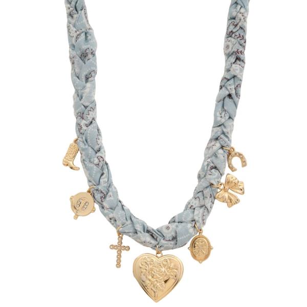 HEART LOCKET MULTI CHARM BRAIDED FABRIC NECKLACE